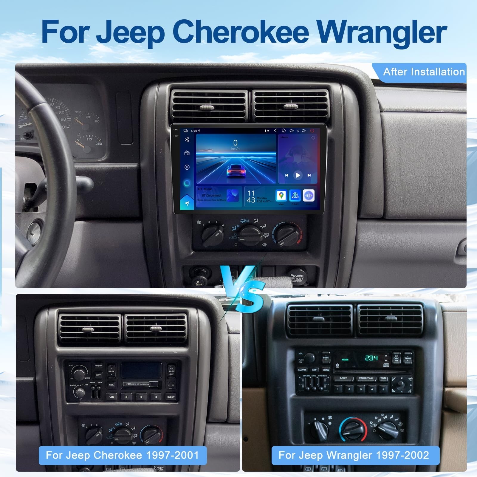 4+64G Car Radio for Jeep Cherokee 1997-2001 Wrangler 1997-2002 with Carplay A…