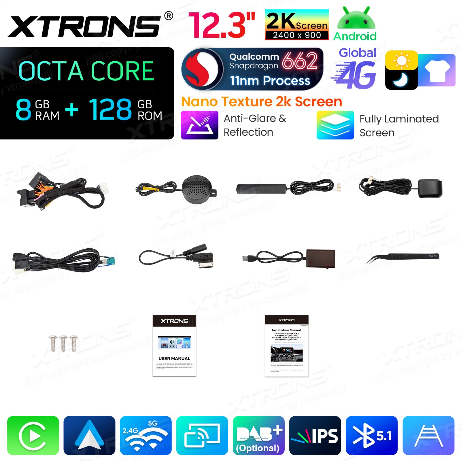 2K 12.3″ 8-Core Android Screen for Mercedes Benz C GLC W205 X253 NTG5.2 8+128G