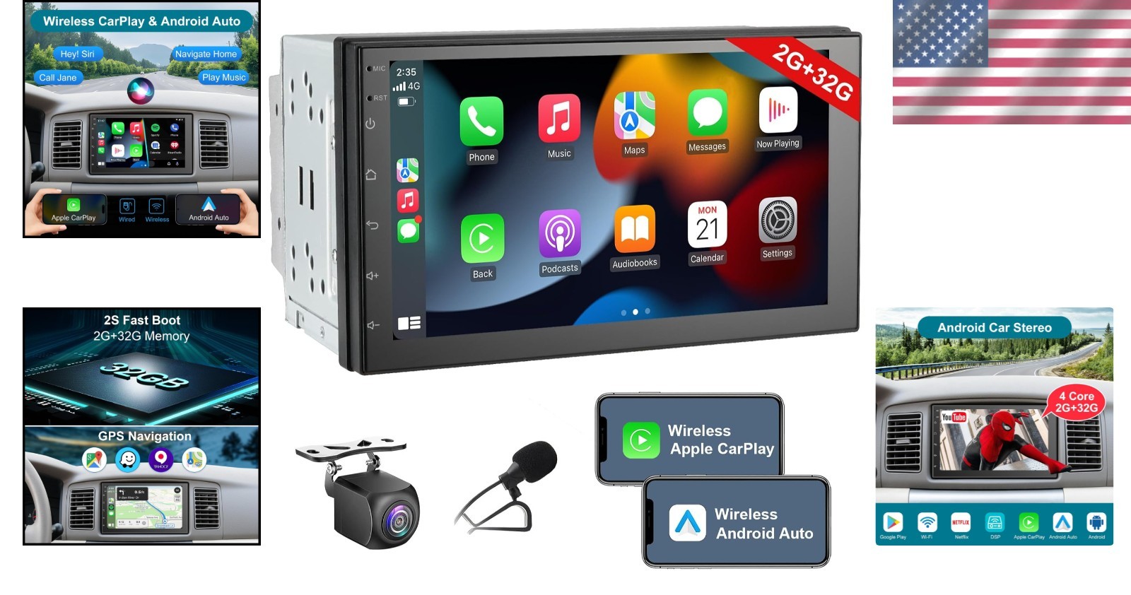 Smart 7″ Car Radio: Wireless CarPlay, Android Auto, 2+32GB, Bluetooth, HD Backup