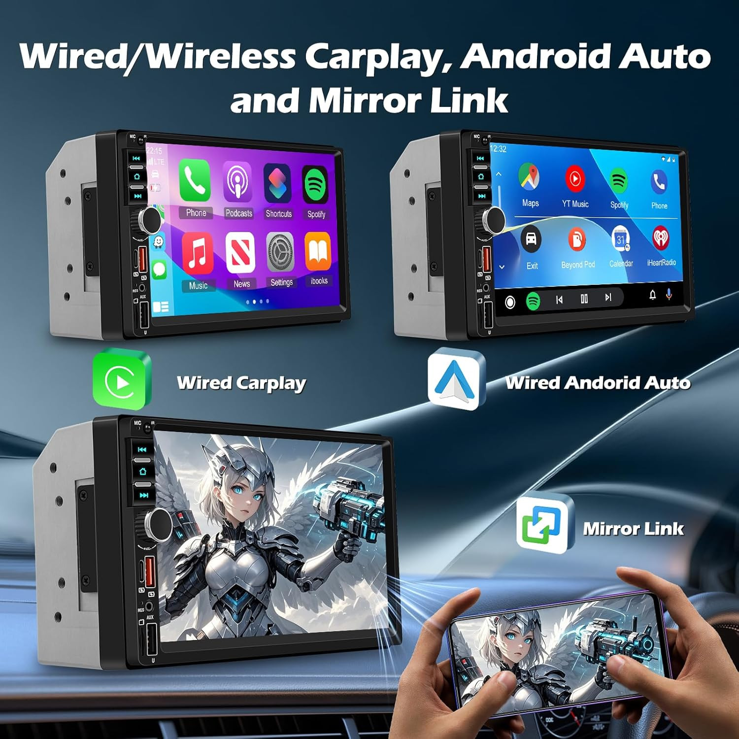 Double Din Car Radio with Wireless Carplay & Android Auto, 7 Inch 2 Din Touch Sc