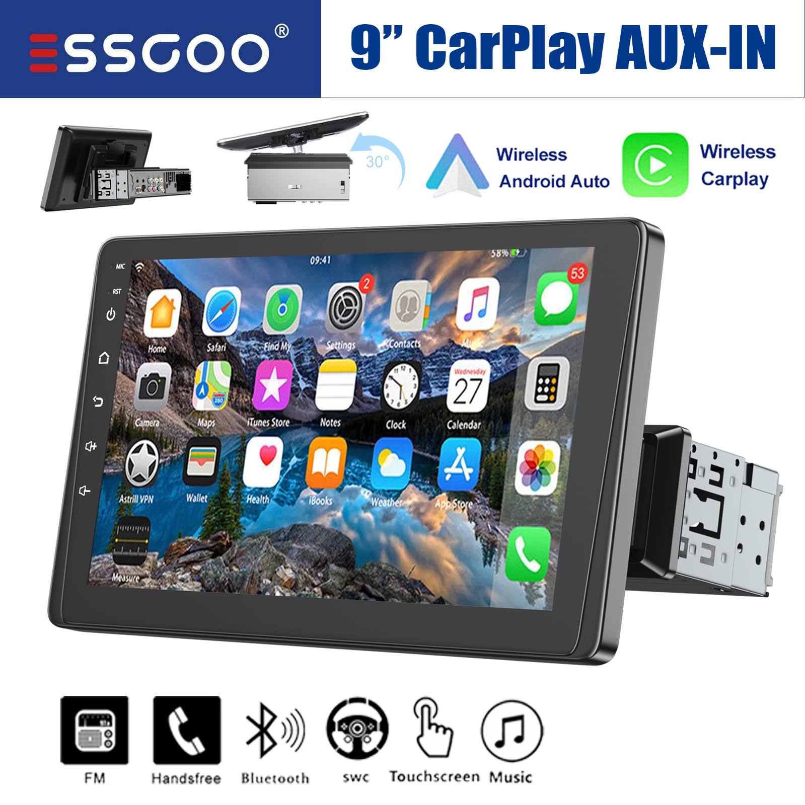 9″ Car Stereo Radio Single 1 DIN Apple CarPlay/Android Auto Touch Screen USB FM