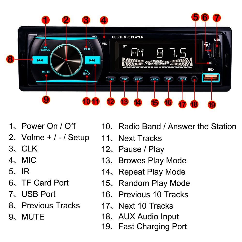 Single 1 Din Car Radio Audio Stereo MP3 Player Bluetooth USB/AUX/SD/FM