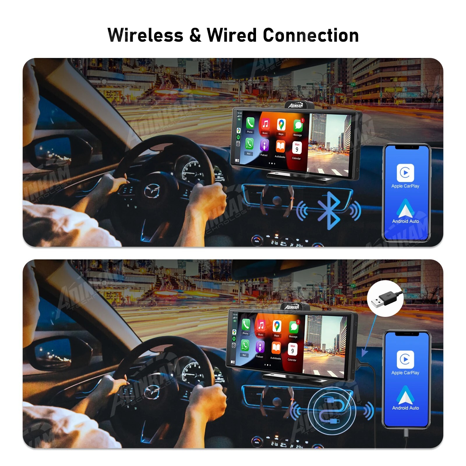 Portable Carplay screen for car with wireless carplay, android auto, bluetooth,