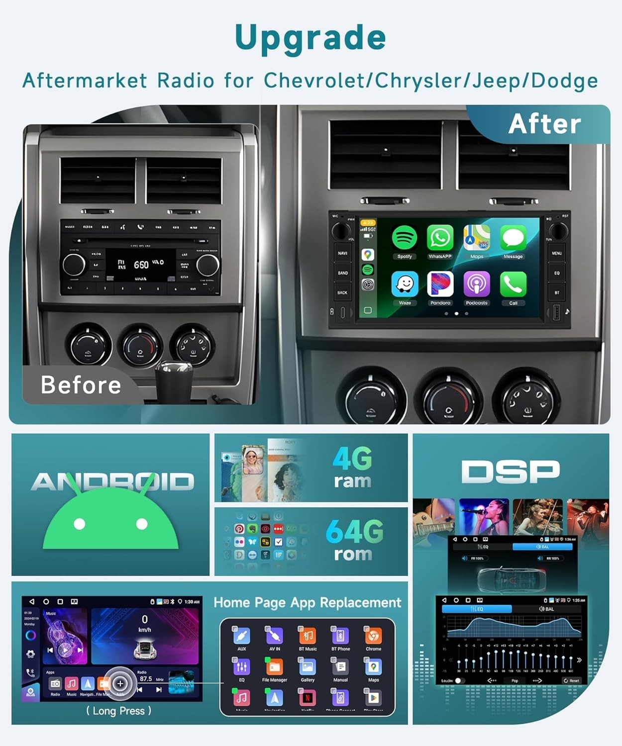 7″ 4+64G Android Auto Carplay 2006-2018 Jeep Wrangler Dodge RAM Chevy Chrysler