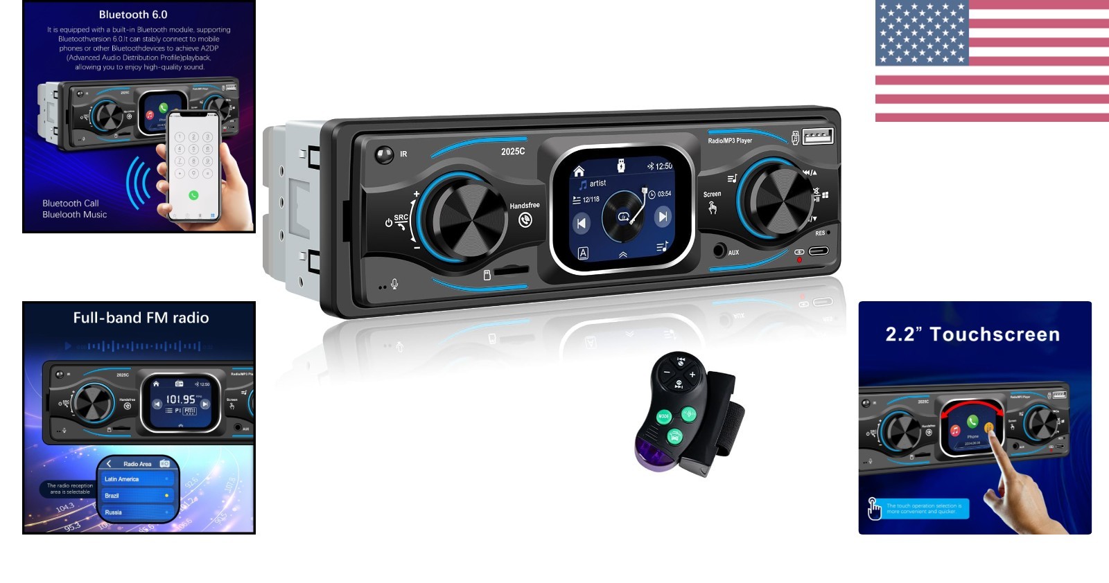 Modern Single Din Bluetooth Car Radio with 60W Output & Customizable Display