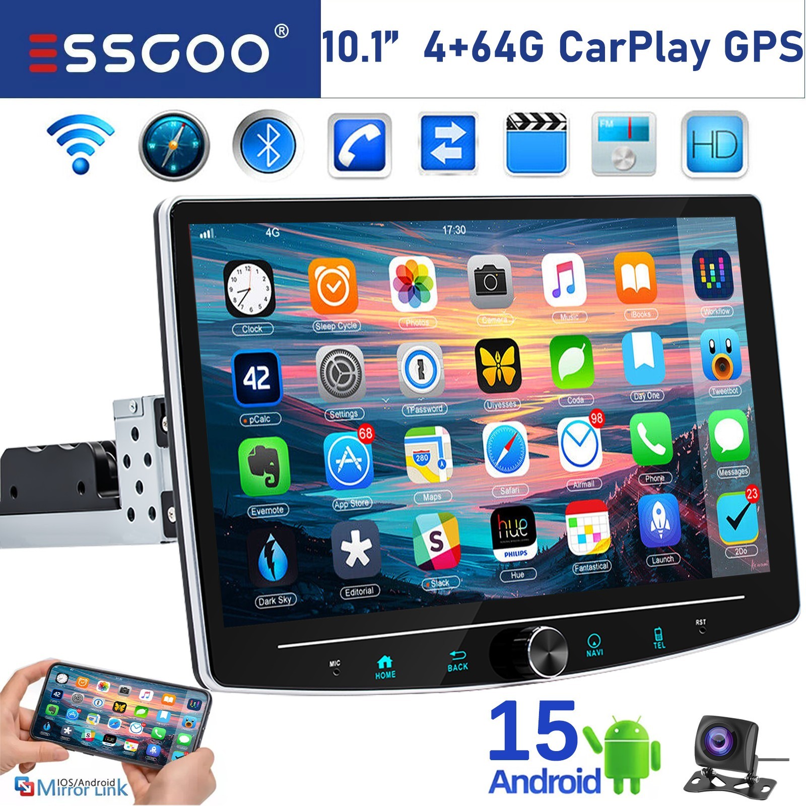 10.1″ Rotatable Carplay Android15 Car Stereo Radio 1 DIN Touch Screen GPS Camera
