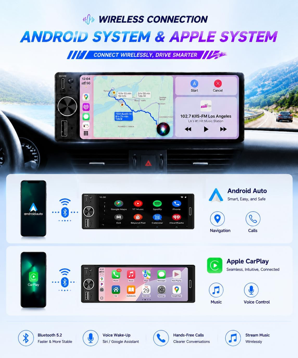 6.5″ Wireless Single Din Car Stereo with Apple Carplay, 720X1280 HD In-Cell Touc