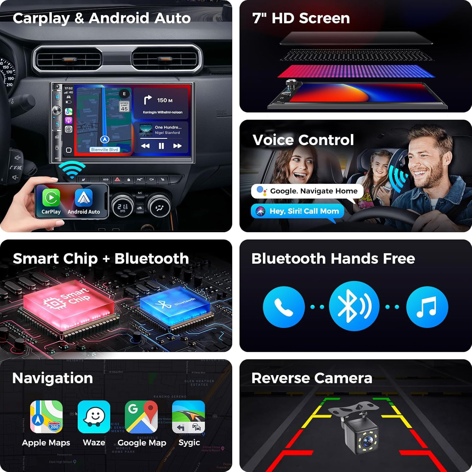 7″ HD Double Din Car Stereo, Wireless CarPlay/Android Auto, Bluetooth, Backup Ca