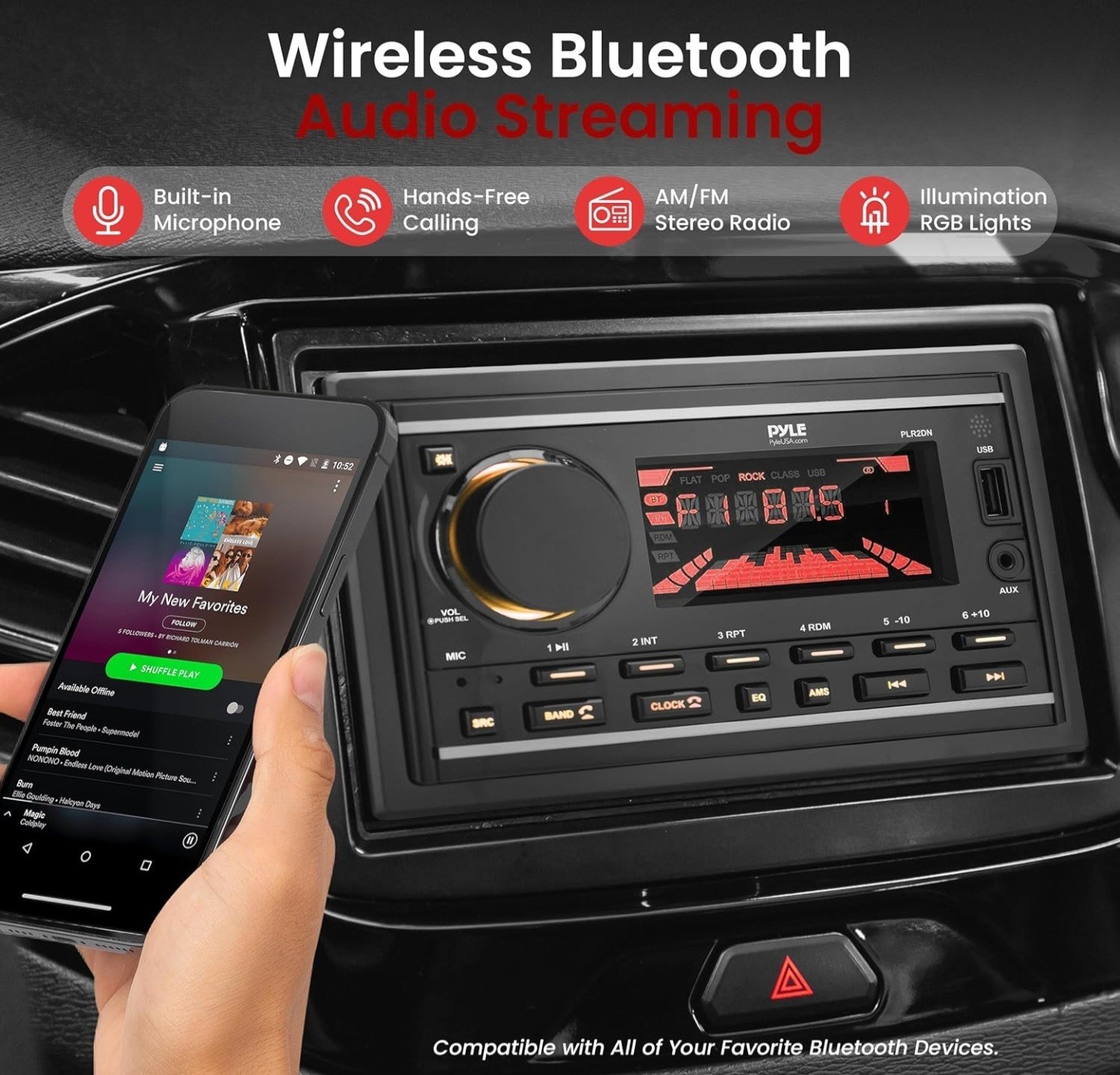 Pyle PLR2DN 2 DIN Stereo Receiver Power Amplifier Bluetooth USB AUX AM/FM Remote