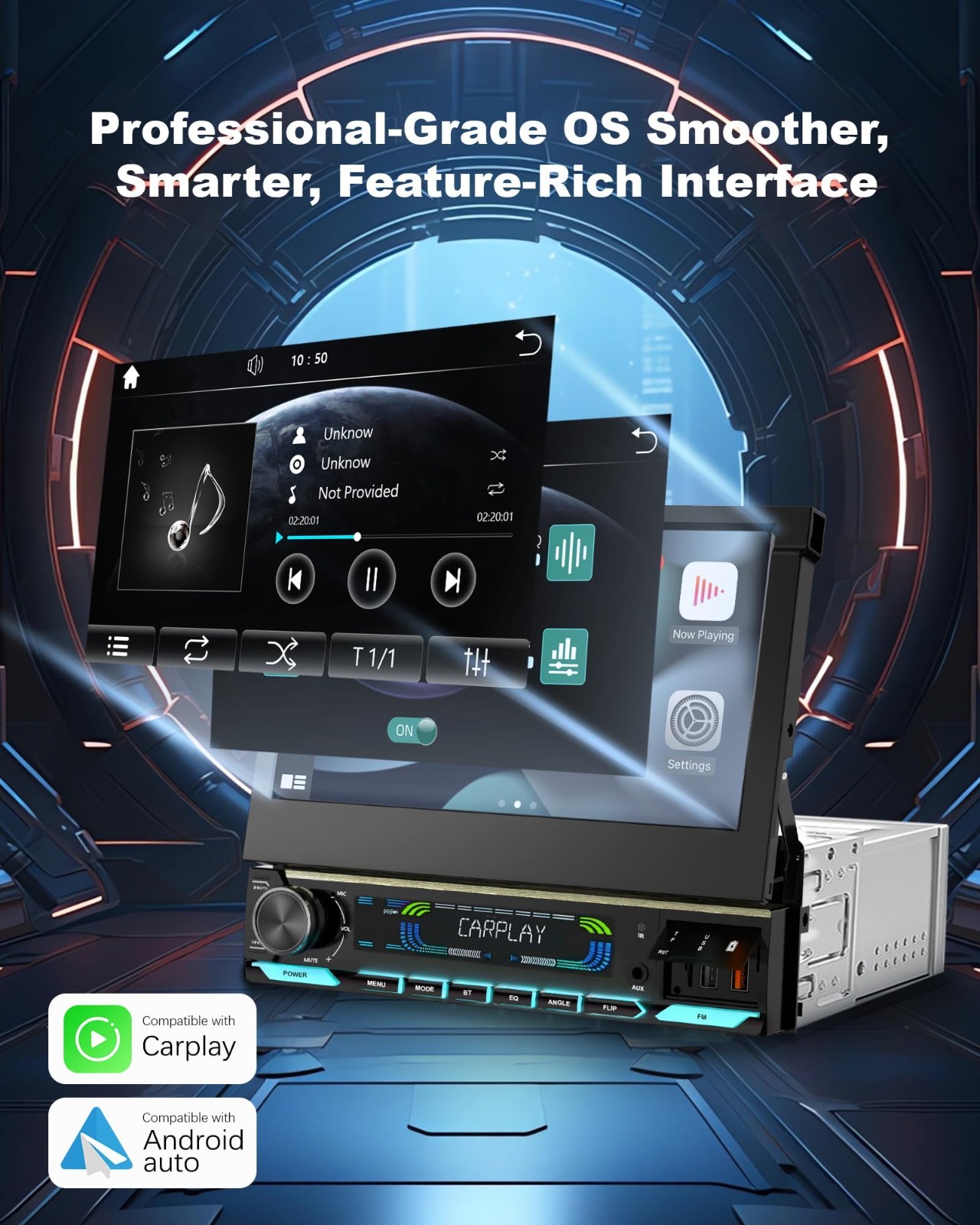 7-Inch HD Flip Out Car Stereo, Wireless Apple CarPlay & Android Auto, Bluetooth