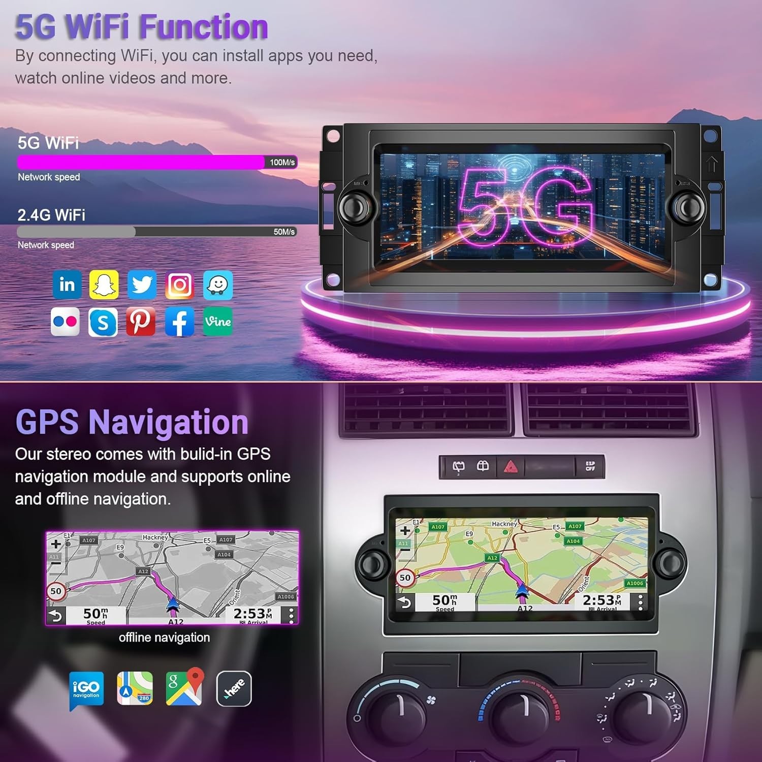 6.8″ 8Core 4+128G Android Auto Carplay for Dodge RAM Jeep Chrysler 300 2005-2009