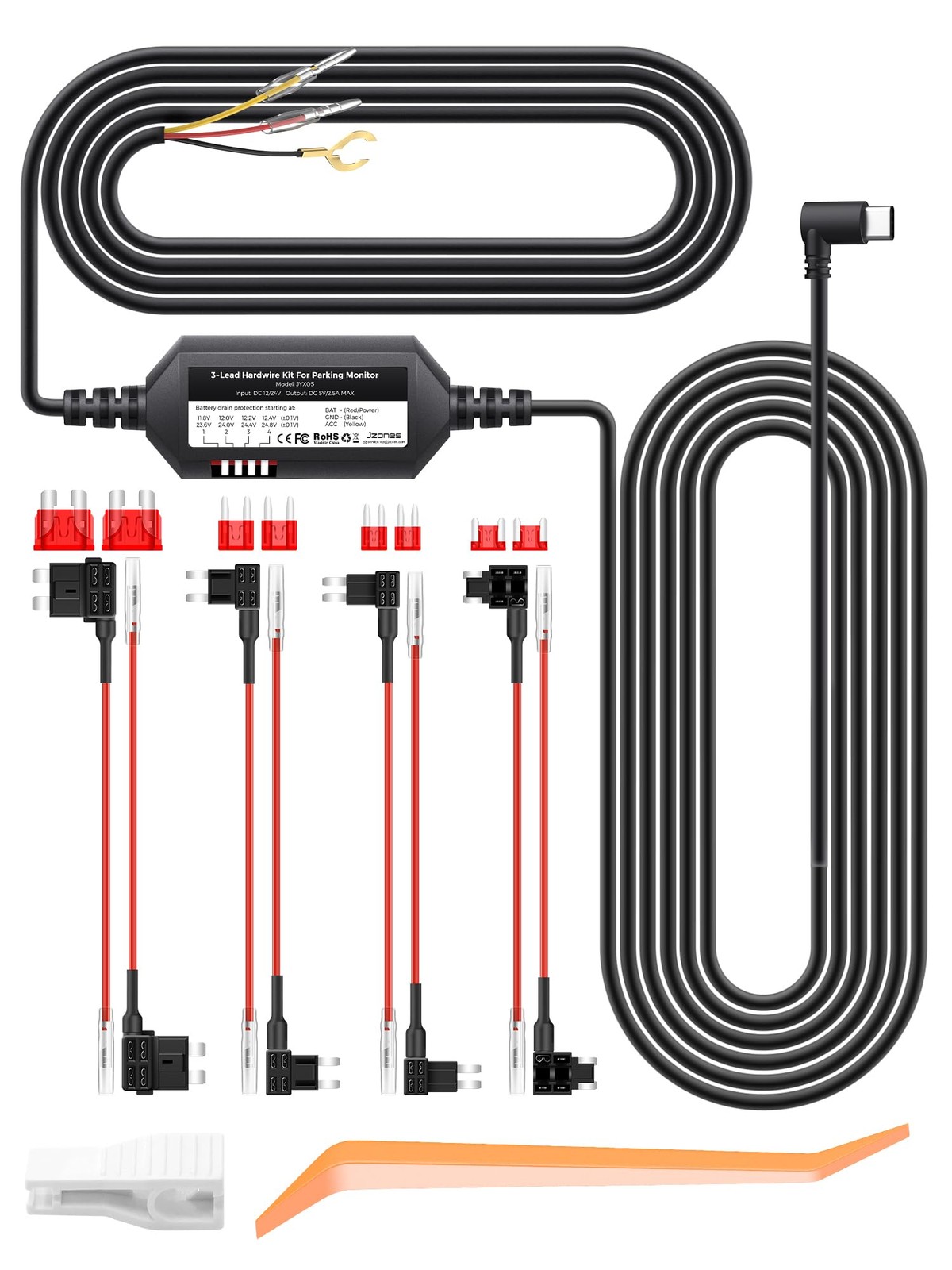 Fiteye Dash Cam Hardwire Kit, 11.5ft Type C USB Port Converts 12V-24V to 5V, Das