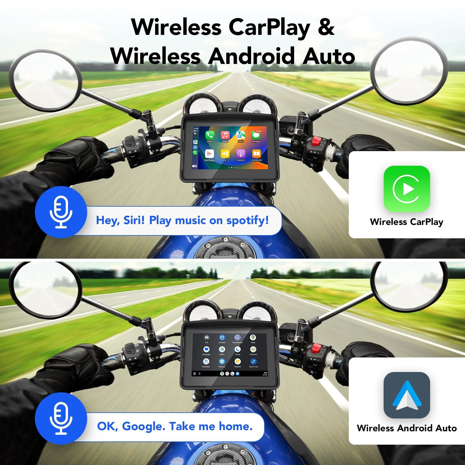 YCV Motorcycle Carplay Screen, Wireless CarPlay & Android Auto for Black