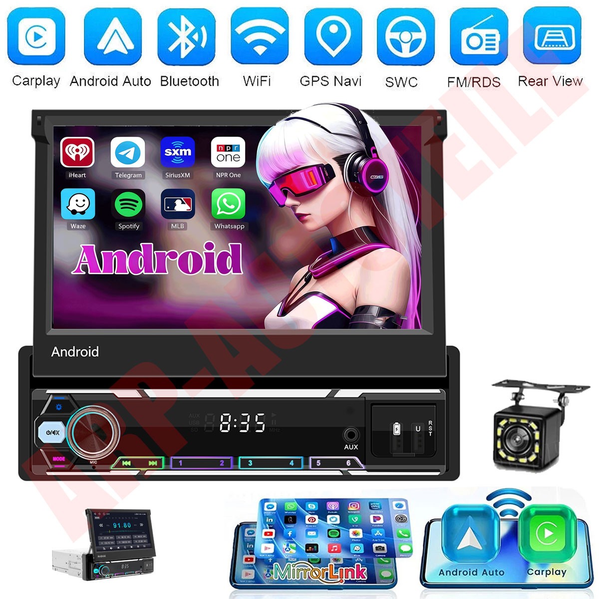 7” Single Din Android 15 Retractable Screen Car Stereo Radio GPS WIFI Carplay