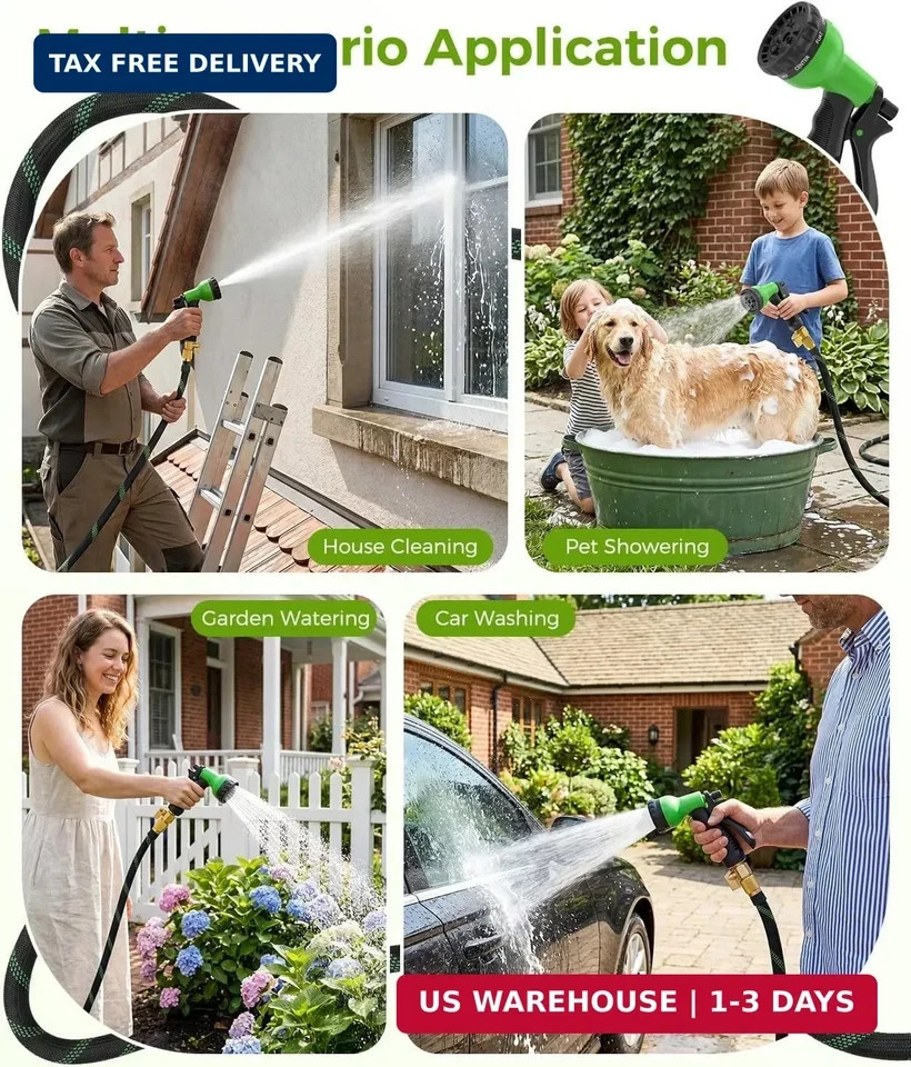100ft Garden Hose, Non-Expandable Water Hose with 8 Function Spray Nozzle, Light