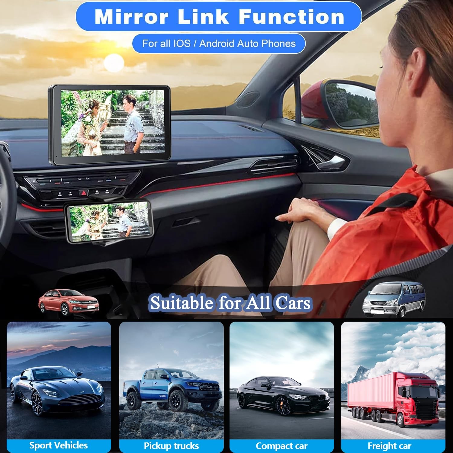 Portable Wireless Car Stereo Apple CarPlay Android Auto 7″ Screen Camera AUX