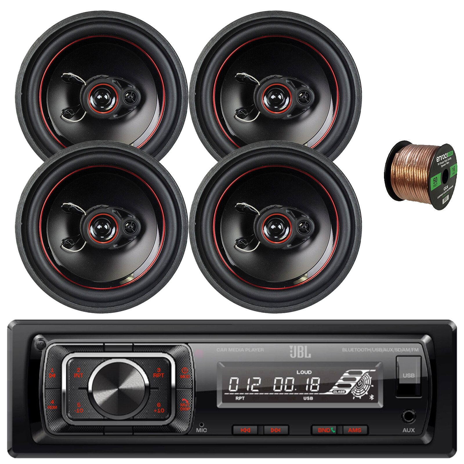 JBL Single-DIN USB/FM Sub Output Radio, 4x 6.5″ 330W Max Tri Axial Speakers