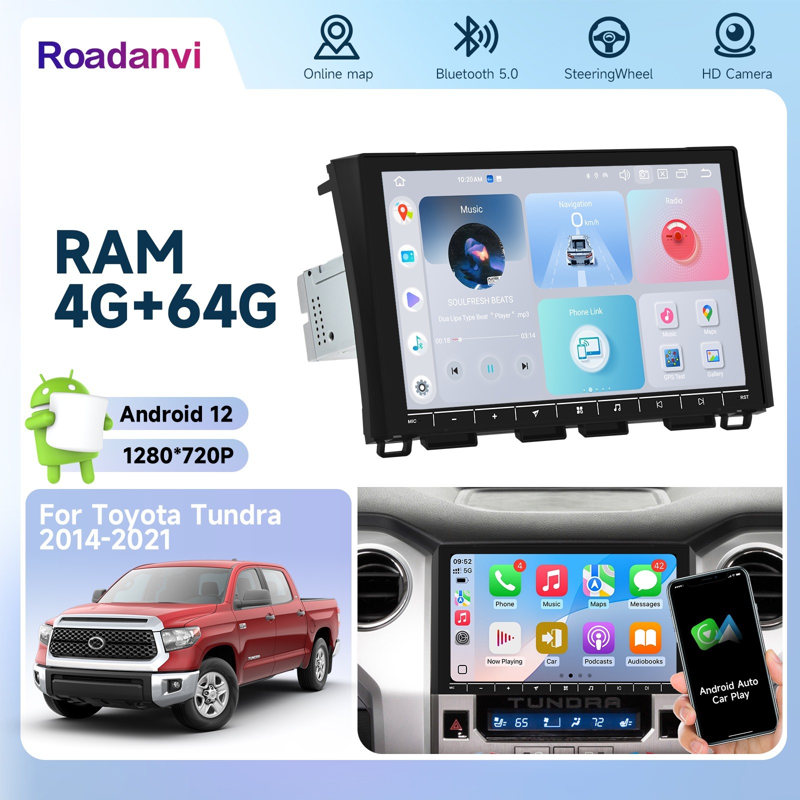 Roadanvi 10.2″ Car Stereo CarPlay Navigation 4GLTE for Toyota Tundra 2014-2021