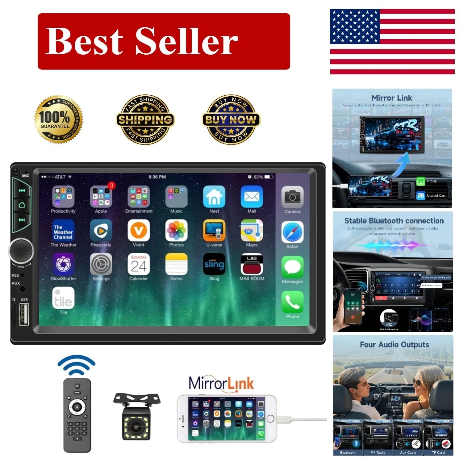 High-Definition 7-Inch Car Stereo with Bluetooth, Mirror Link & Backup Camera