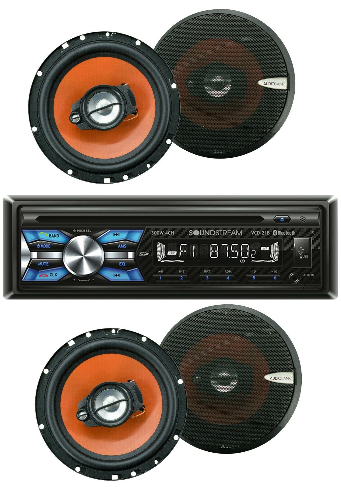 Soundstream VCD-21B 1-DIN CD Player Receiver+ 4x Audiobank AB-674 6.5″ Speakers