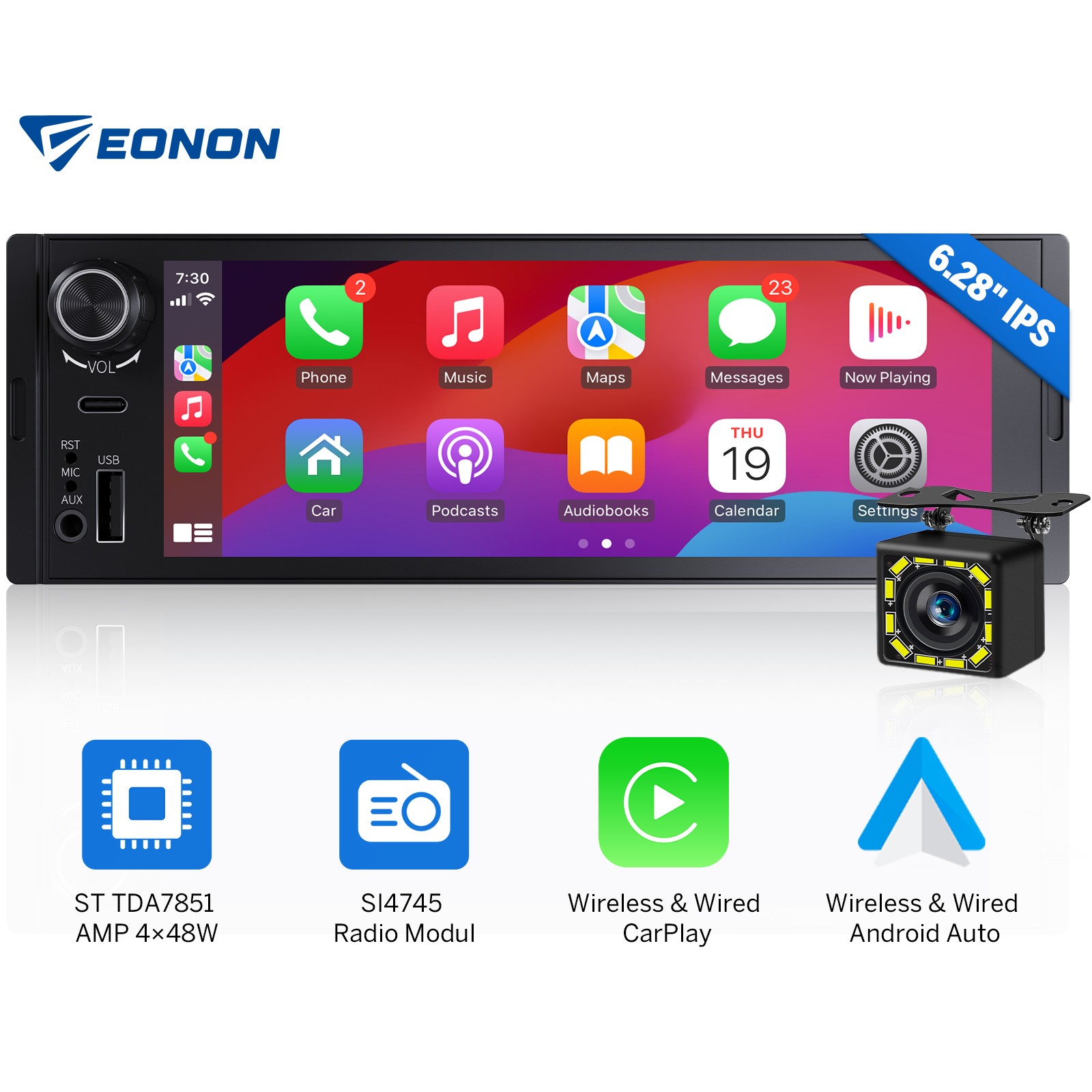 Single 1DIN 6.28″ CarPlay Android Auto Car Stereo IPS Touchscreen Radio Navi CAM