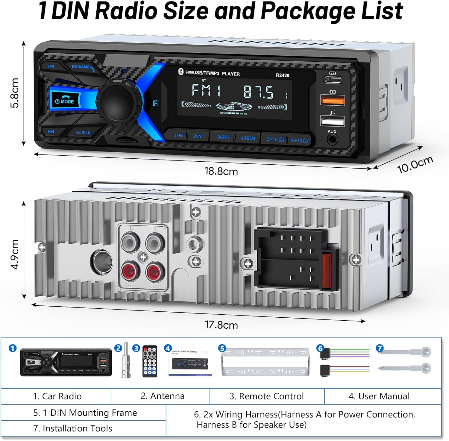 Car Radio Bluetooth with Type-C/Usb Port, FM/AM Single Din Car Stereo Radio wit