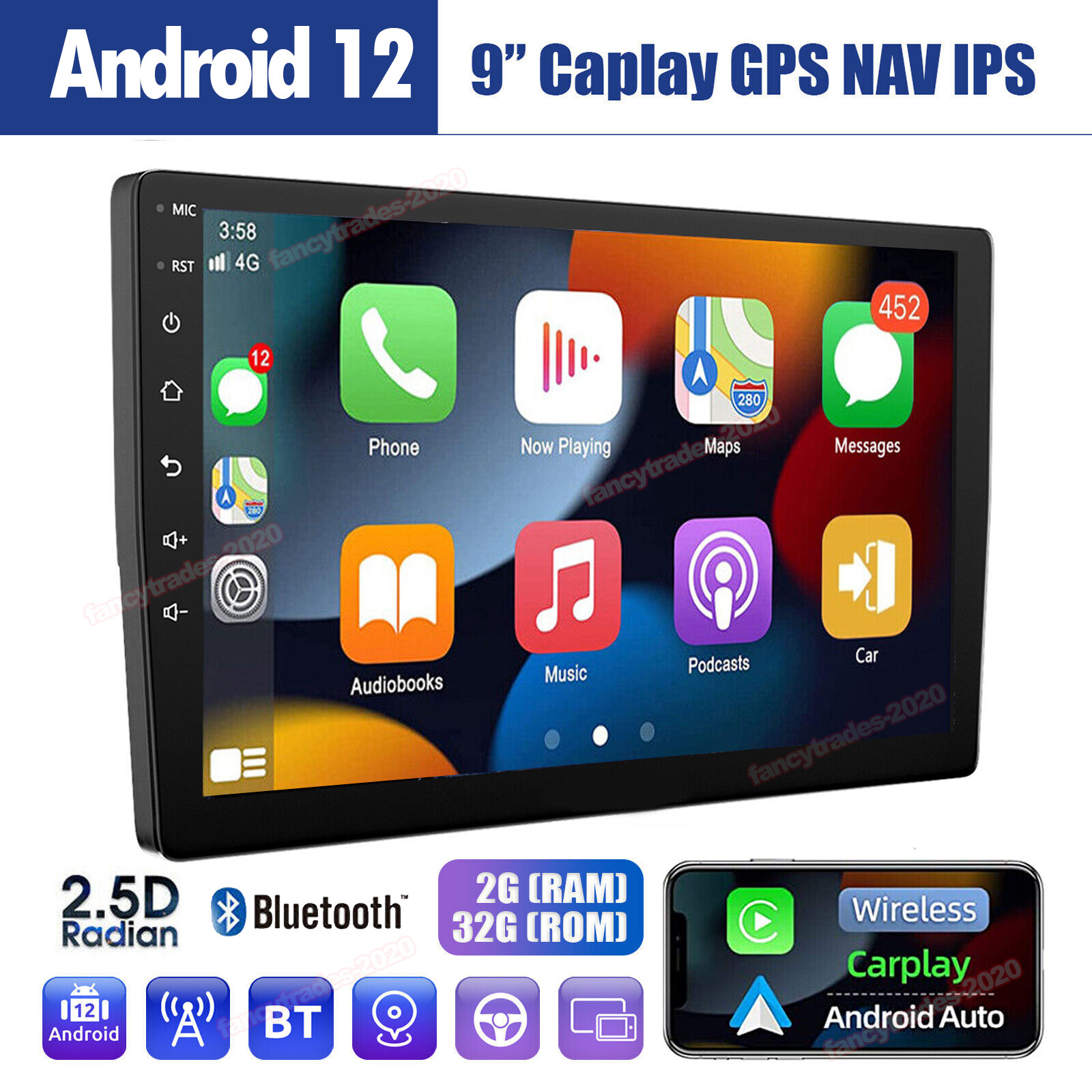 10.1” Double 2 Din Android Car Radio GPS WIFI BT Carplay Touch Screen Stereo BT