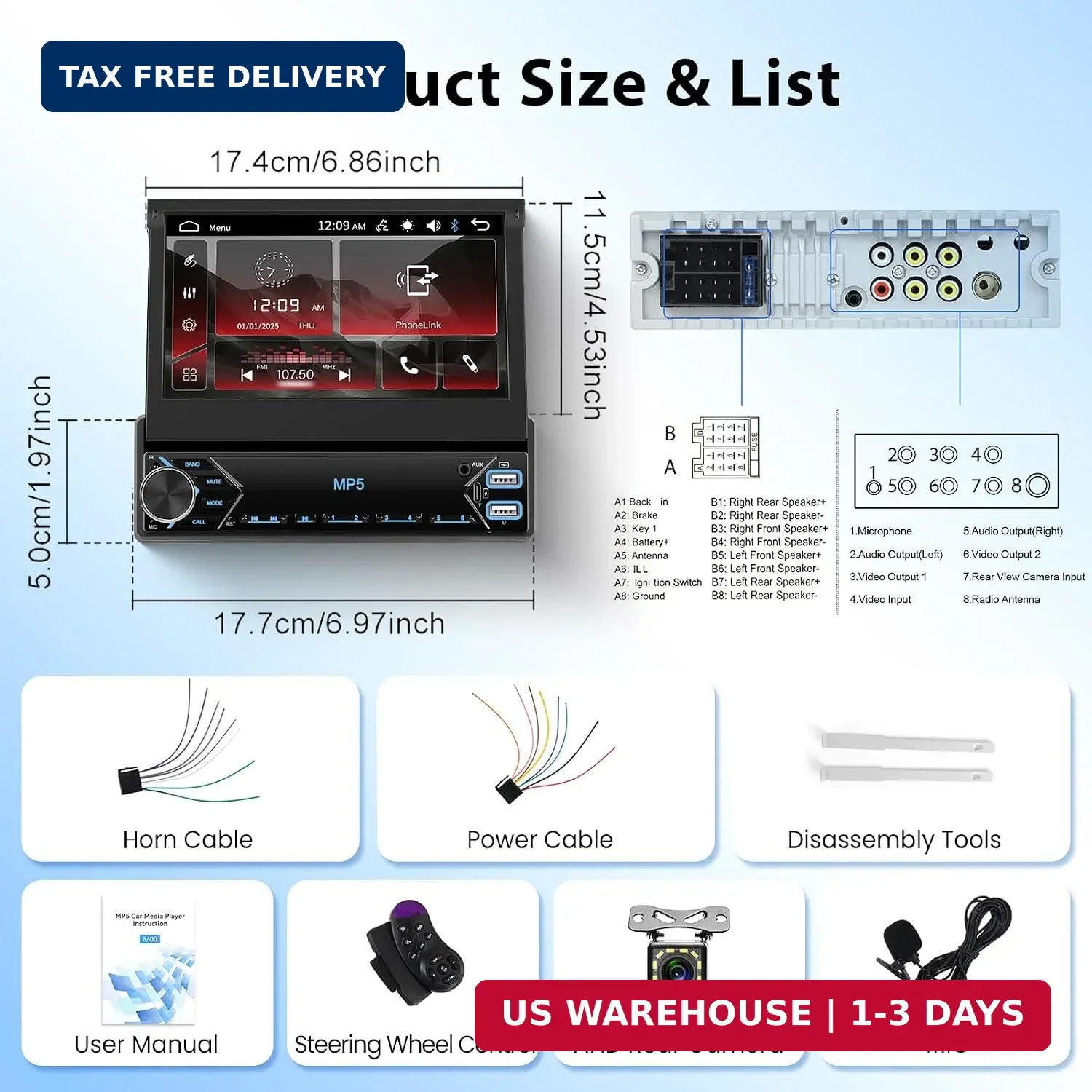 Single Din Flip Out IPS Touchscreen Car Stereo, 7inch Car Stereo with Bluetooth