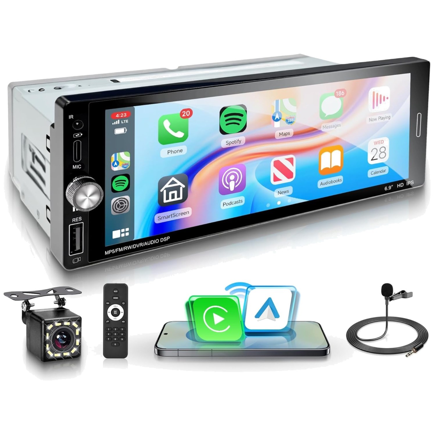 Single Din Car Stereo with Wireless Carplay & Android Auto..