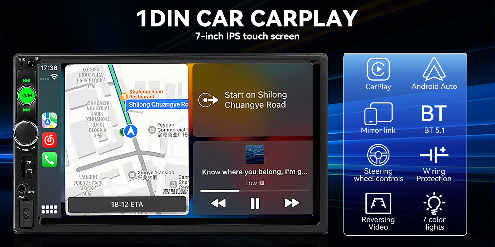 Single 7″1Din Touch Screen Stereo Bluetooth Car Radio Apple Android Carplay GPS