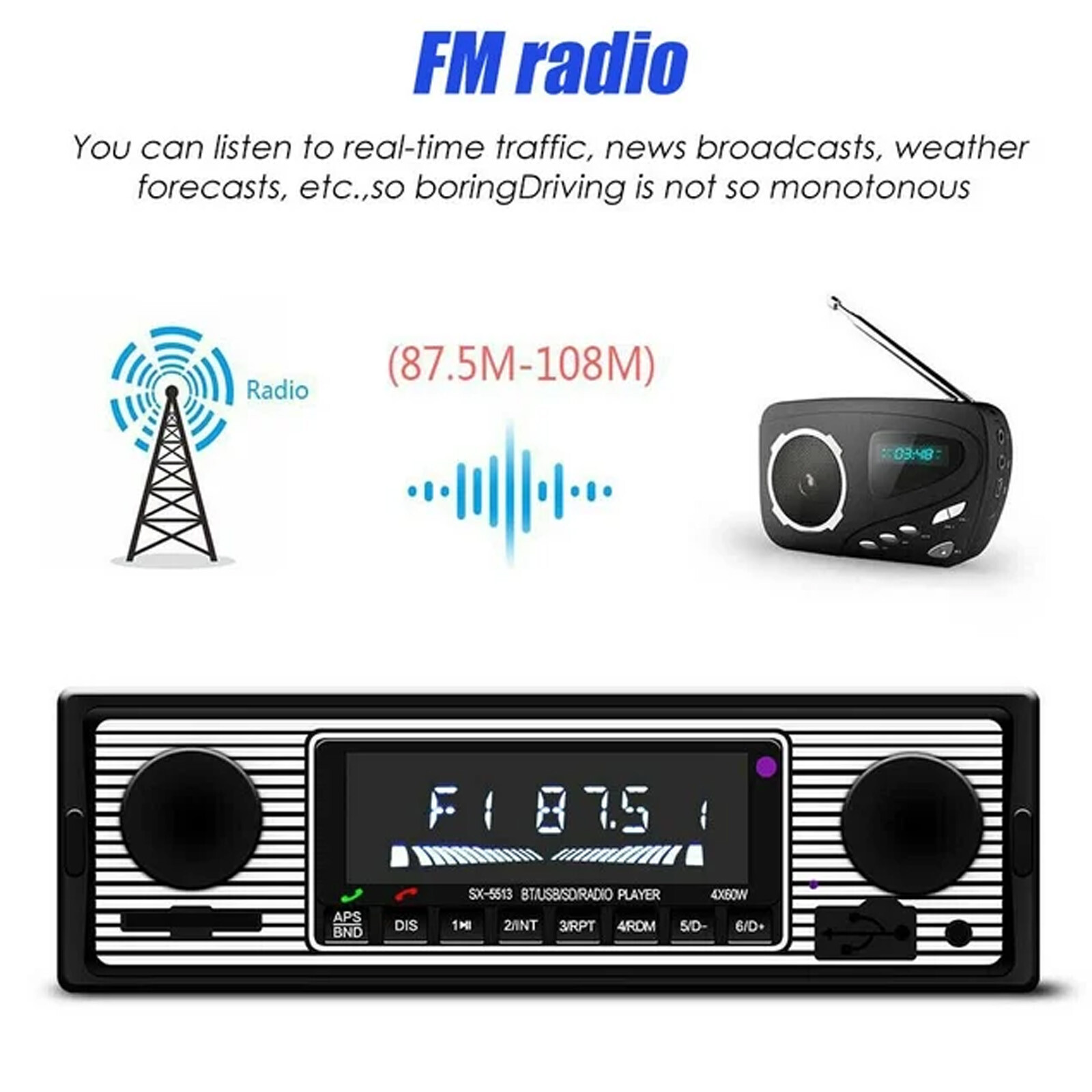Bluetooth Vintage Car FM Radio MP3 Player USB Classic Stereo Audio Receiver AUX
