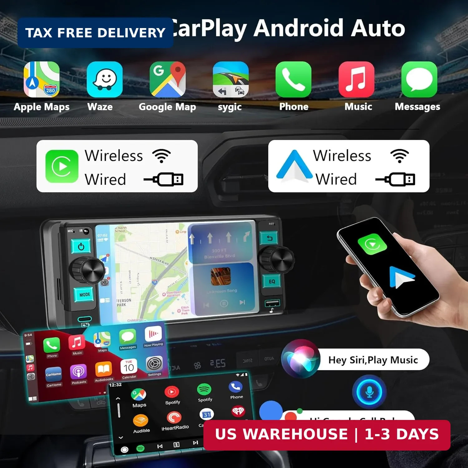 Car Stereo – Dual Knob Touchscreen Radio with Wireless CarPlay bluetooth