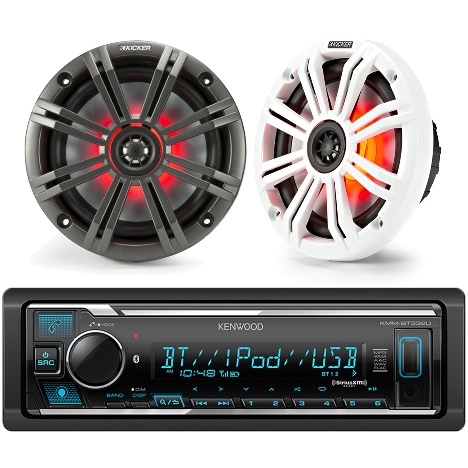 Single DIN Digital Media Bluetooth Receiver, 2x Kicker 6.5″ LED Coaxial Speakers