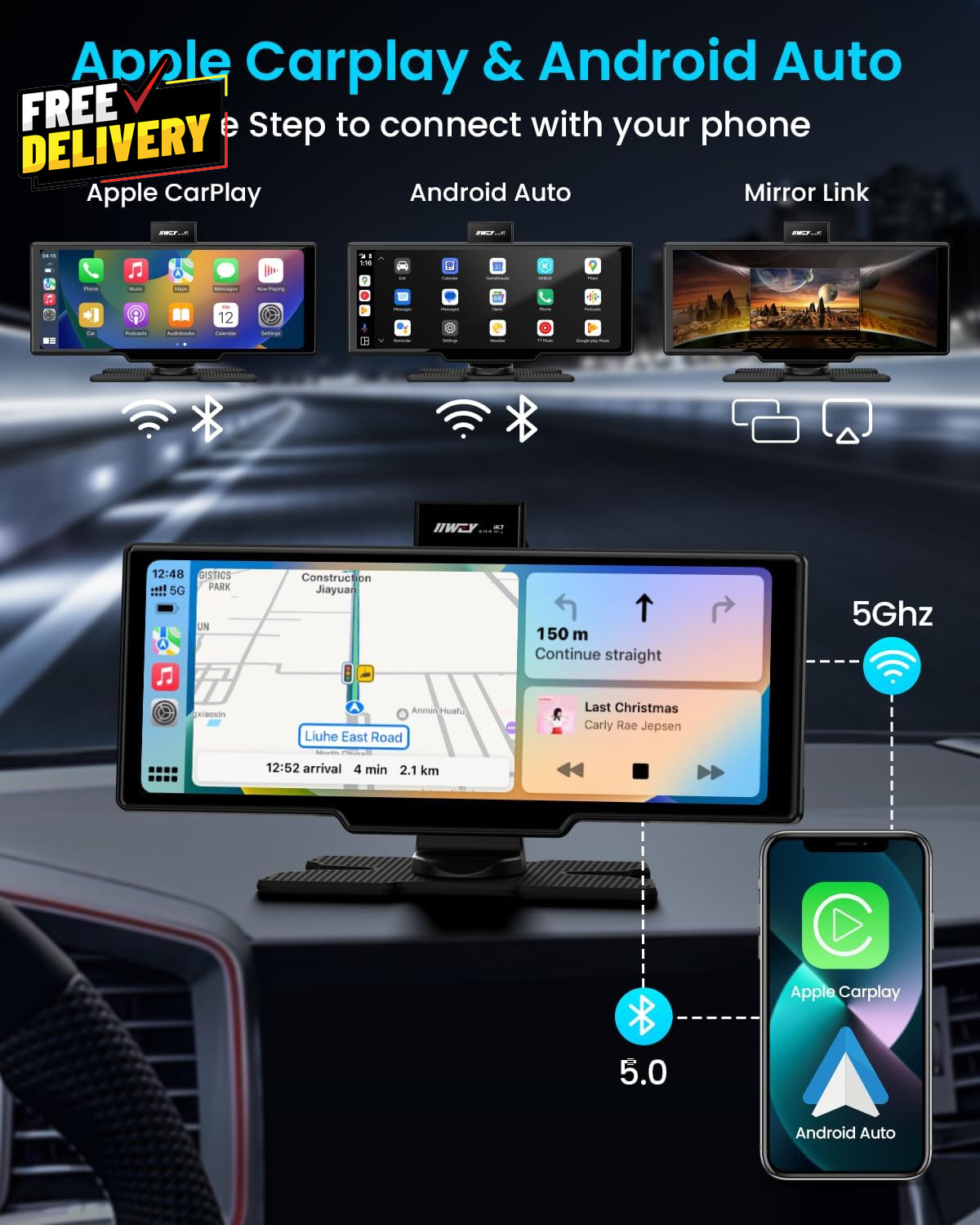 10″ Portable CarPlay Screen Wireless Android Auto 4K Dash Cam Backup Camera