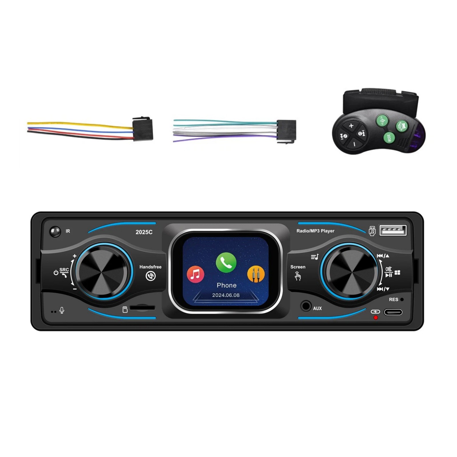 1DIN Car Radio with LED Segment Display, 7 Colors Blue Red Yellow Purple Green
