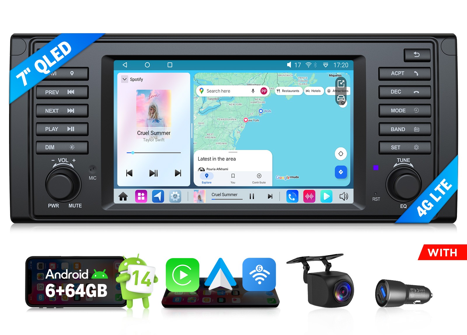 CAM+7″ 6+64GB Android 14 Stereo GPS Head Unit for BMW E39 528i 530i Split-Screen