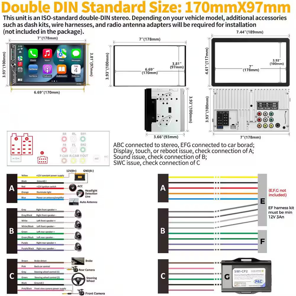 Double Din Car Stereo Wireless Carplay Android Auto Bluetooth 4.2-Channel Audio