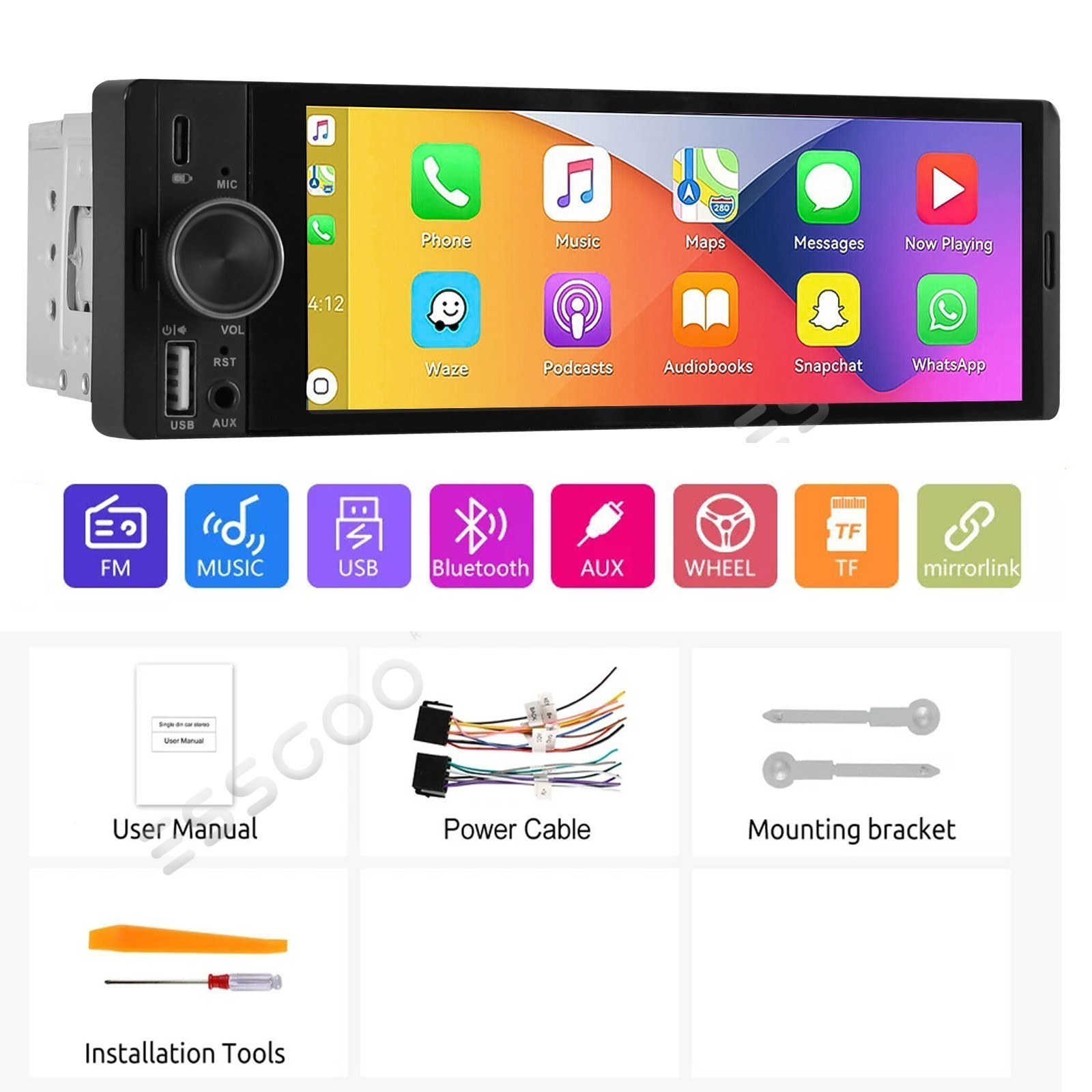 6.36 ” Single 1 Din Car Stereo Radio Apple CarPlay Touch Screen BT Android Auto