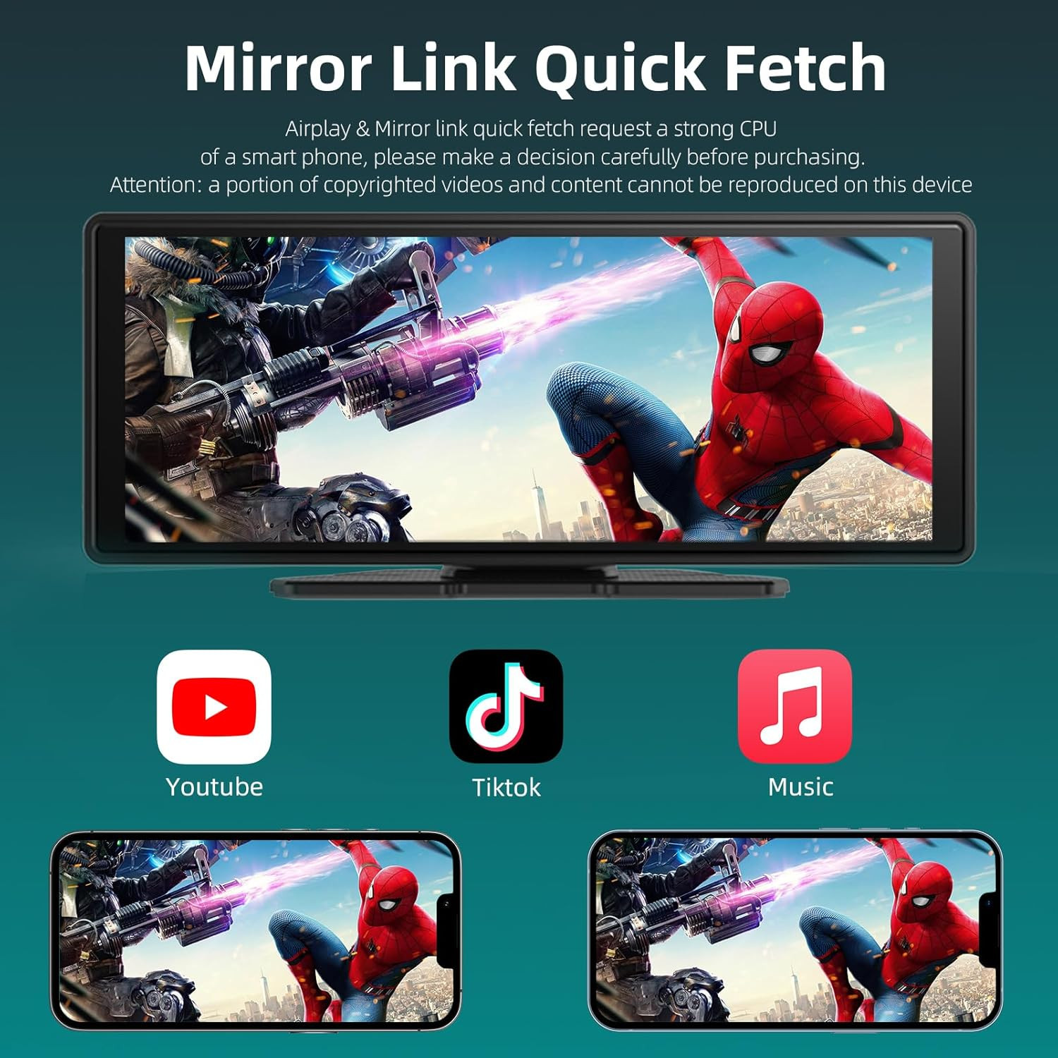 10.26″ Portable Carplay Screen with 4K Dash Cam & Wireless Car Audio