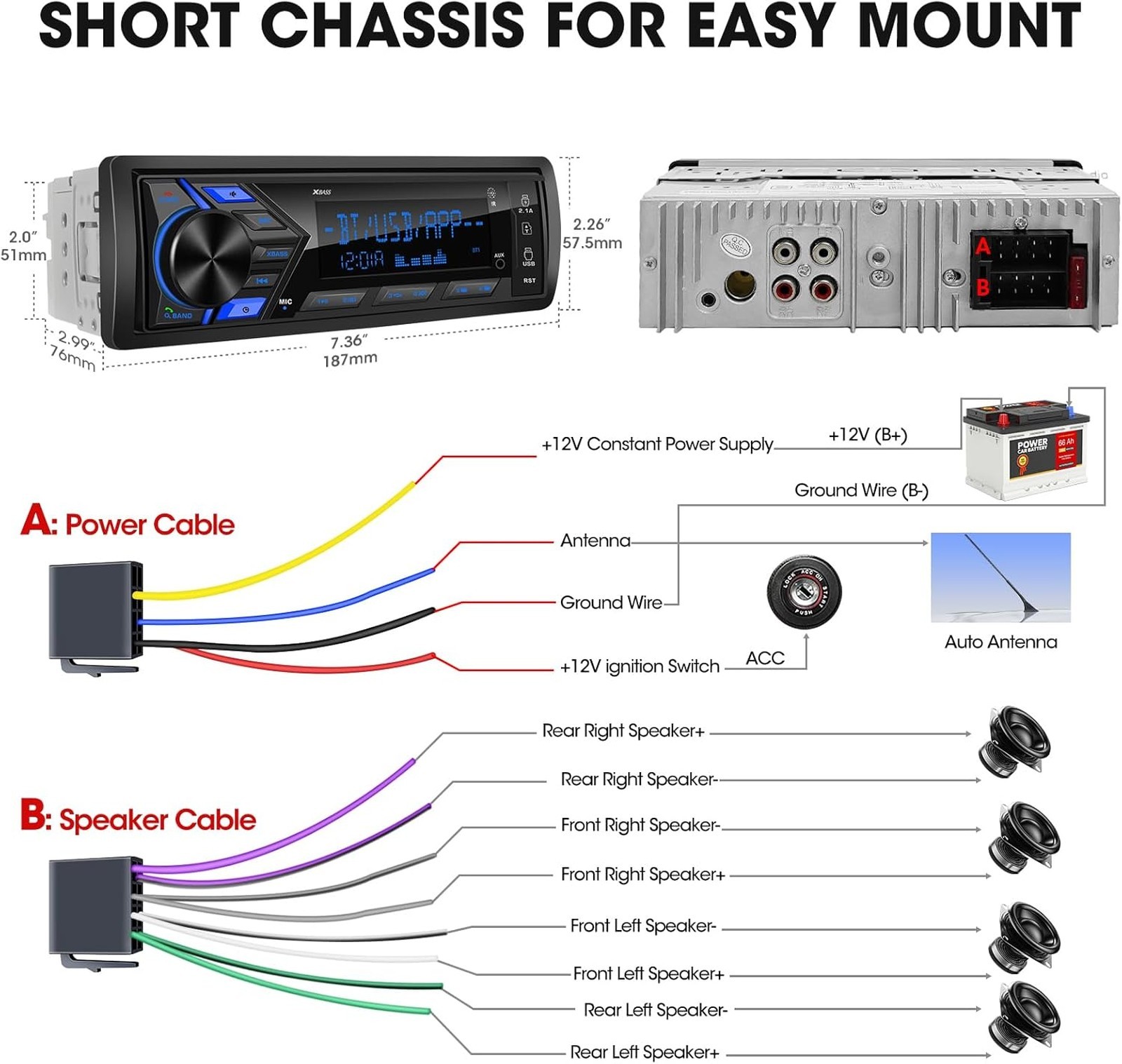 Single Din Car Stereo Bluetooth Radio MP3 Player AM FM USB AUX SD Digital Media
