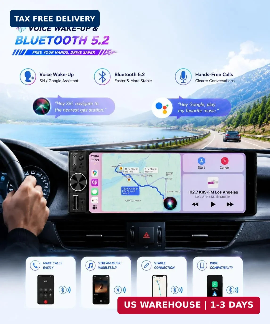 6.5″ Wireless Single Din Car Stereo with Apple CarPlay 720×1280 HD in Cell Touch