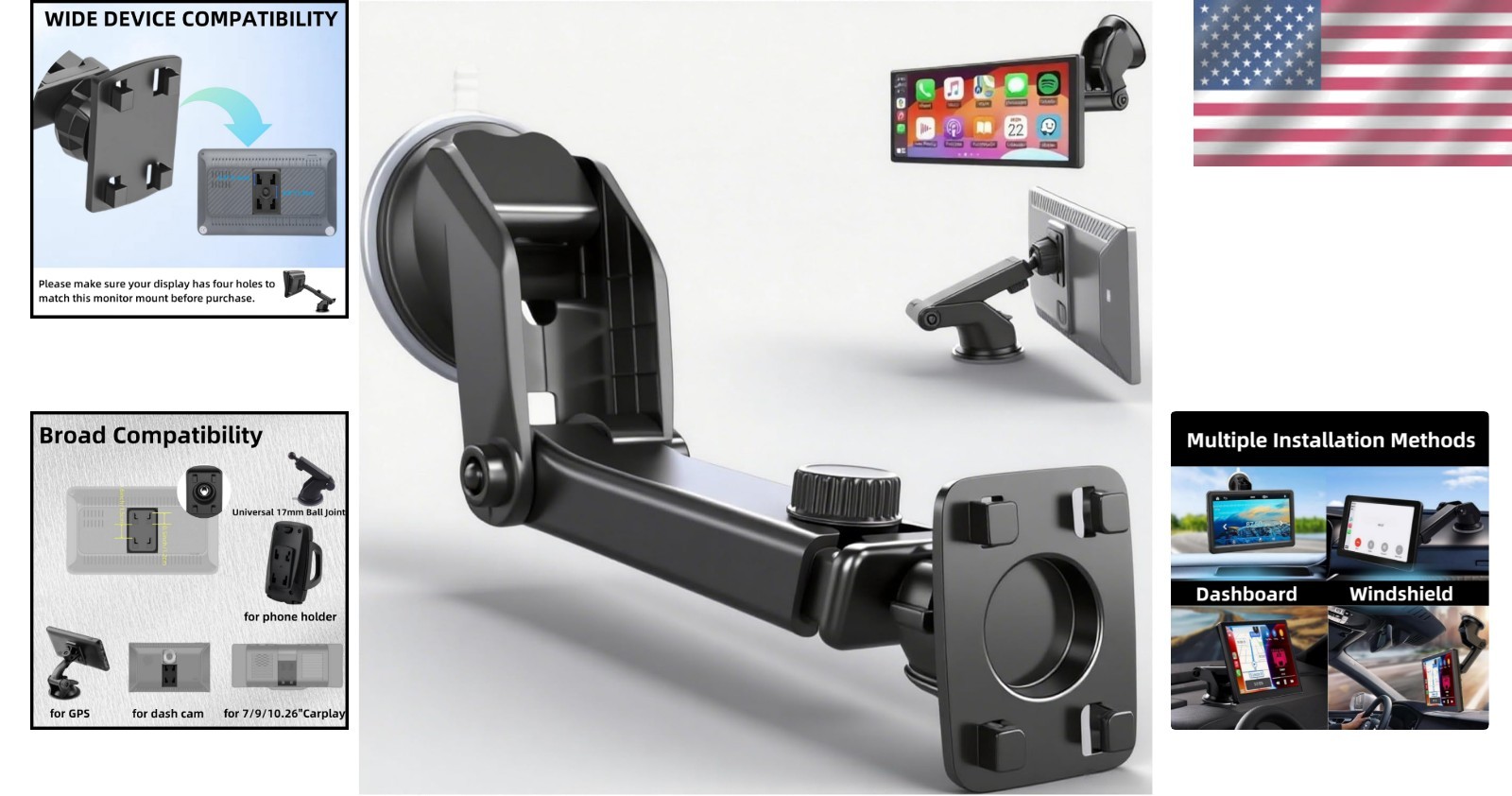 Flexible Dashboard Suction Cup Mount for 4.3”-10.26” Carplay & GPS Devices