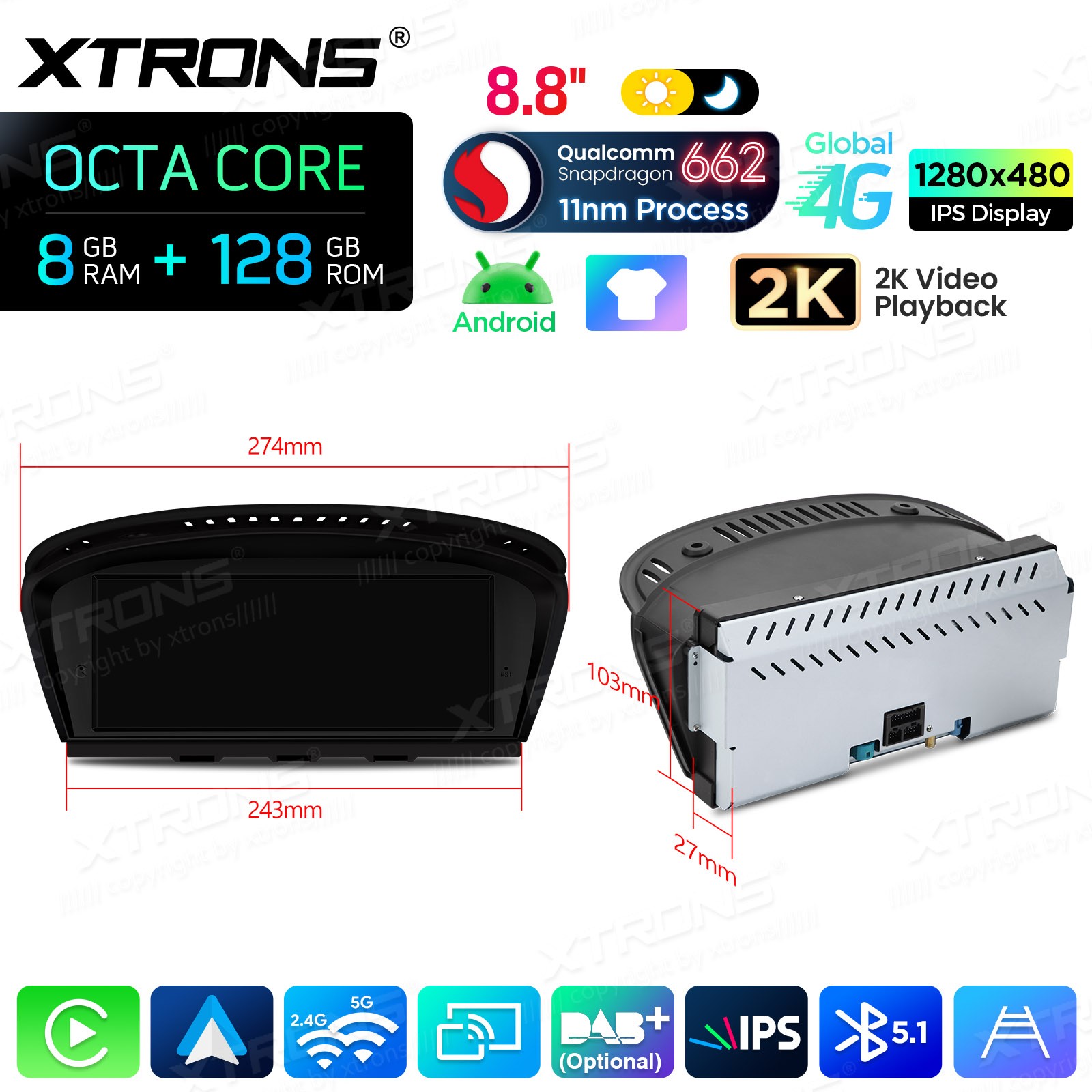 10.1″QLED Single 1-DIN Android 13 64G Car Stereo GPS Radio Sat Navi 4G LTE WiFi