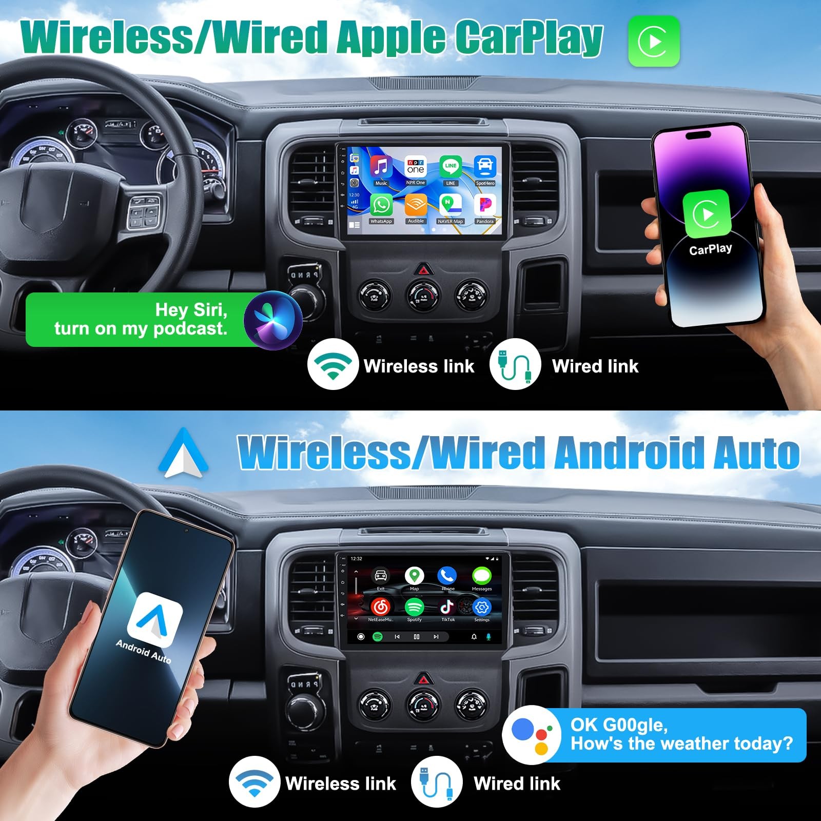 9″ Wireless Carplay & Android Auto Stereo for 2013-2018 Dodge RAM 1500 2500 3500
