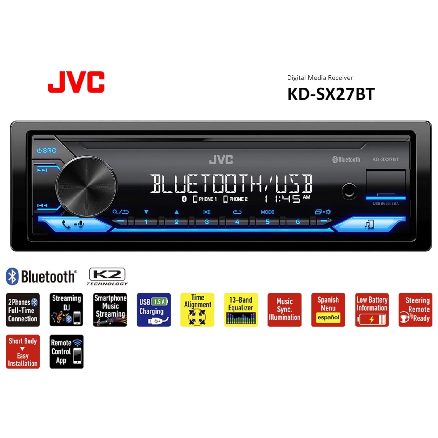 Powerful 100W Car Audio Receiver with Bluetooth Connectivity