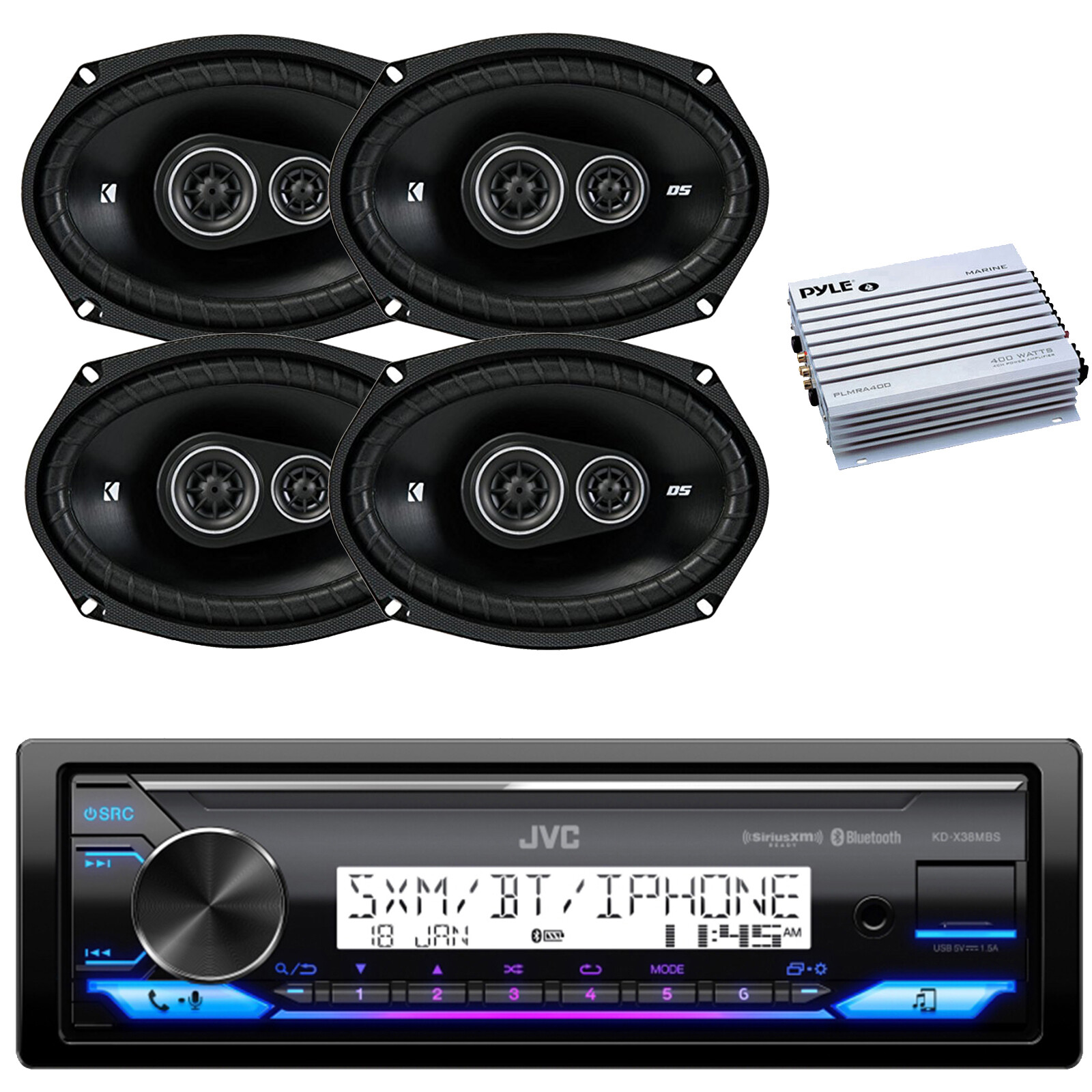 JVC KD-X38MBS Single DIN Bluetooth Stereo Receiver, 4x 6X9” 360W Speakers, Amp