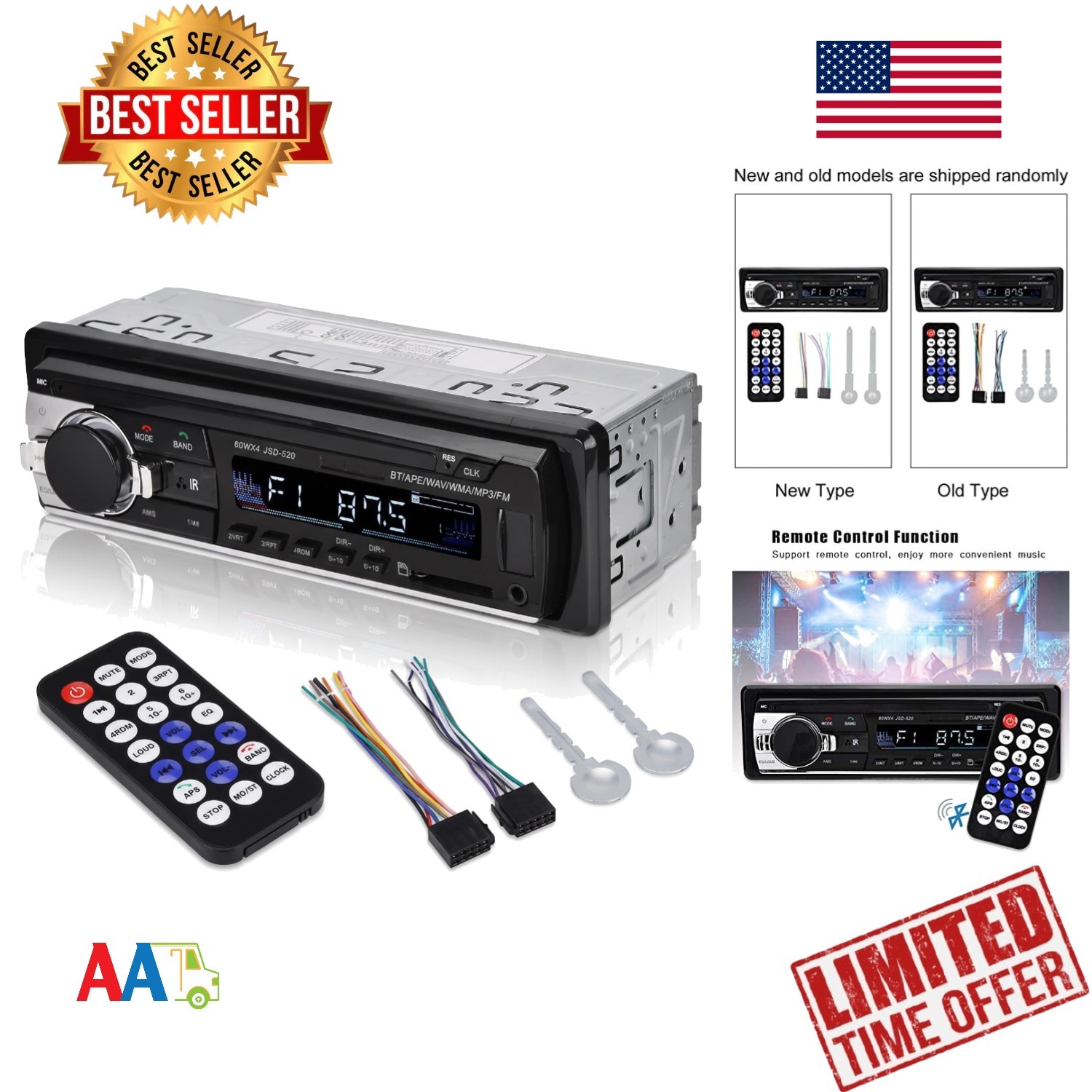 Car Stereo Bluetooth MP3 Player 4X60W 1 DIN USB AUX IR Remote