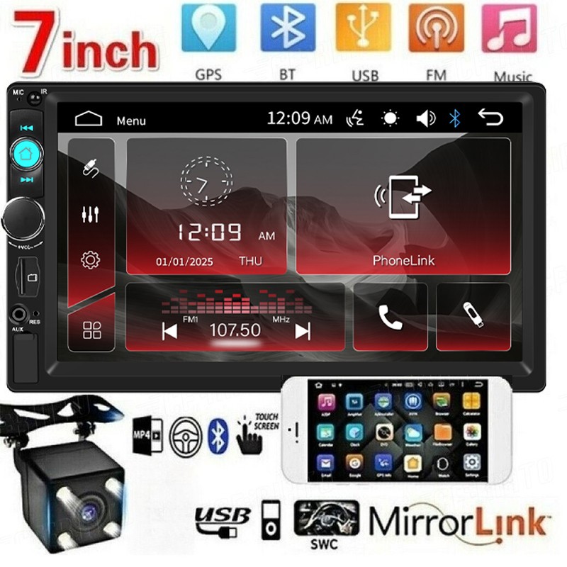 7″ Double 2 DIN Car Stereo Radio MP5 Touch Screen Bluetooth FM USB + Rear Camera