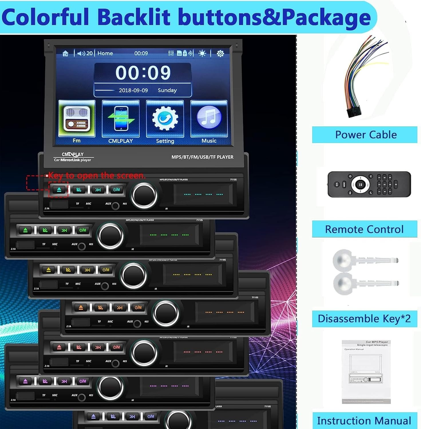 Single Din 7-Inch Motorized Car Radio with Bluetooth & Mirror Link Capabilities