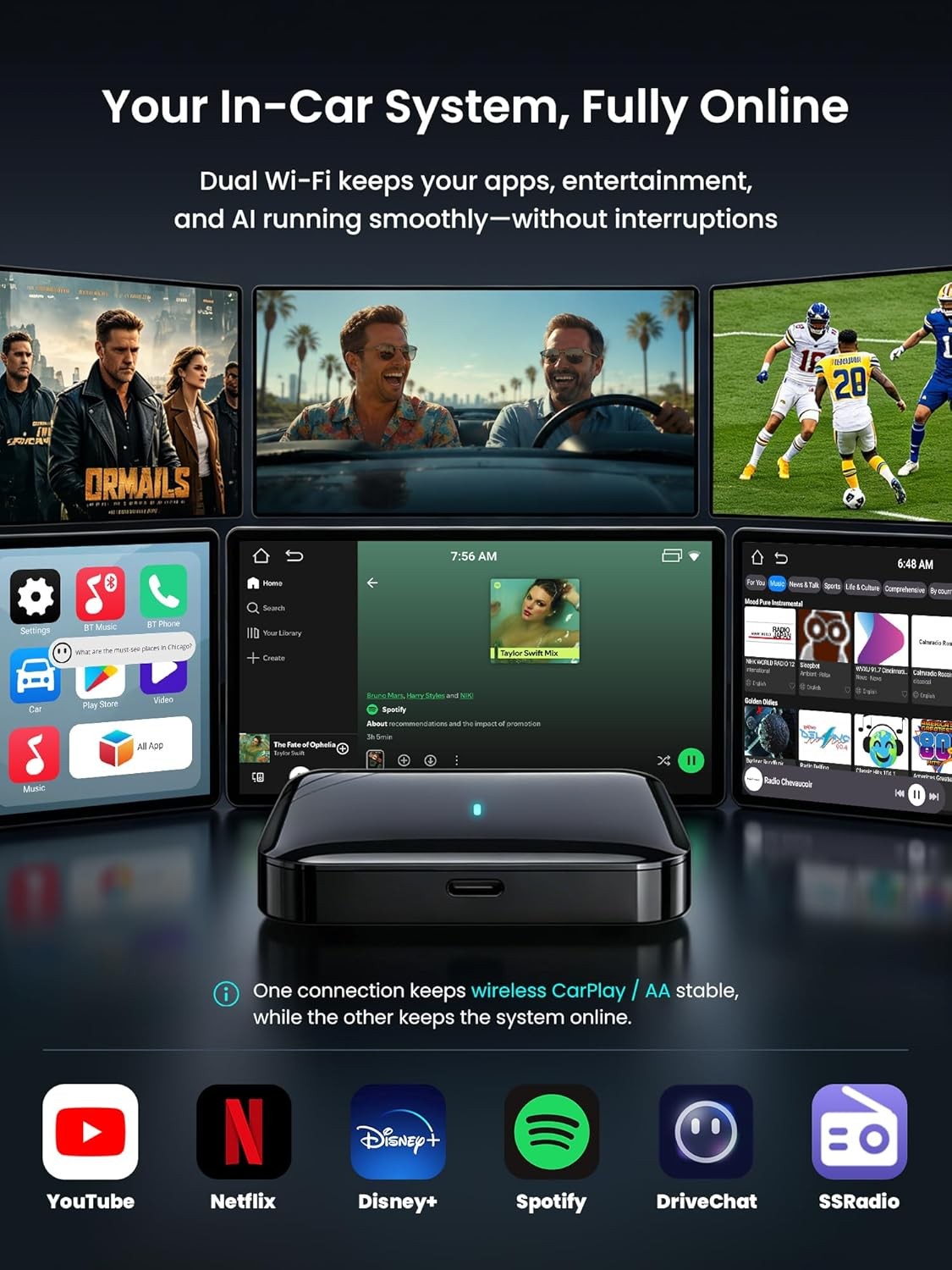 Magic AI Box, Wireless CarPlay/Android Auto Adapter, Car Video Jet Black Finish